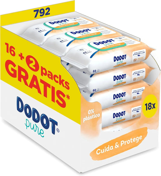 Dodot Toallitas Pure Cuida & Protege Para Bebé, 792 Toallitas (18 Packs De 44 Unidades), Ayuda a restaurar el pH natural de la piel, 99 Agua, Sin plástico