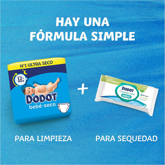 Dodot Pañales Bebé-Seco, Talla 4 (9-14 kg), 256 Pañales + Regalo de 1 Pack de 10 Toallitas Aqua Pure 99% Agua, Una Noche Hasta Un 100% Libre De Fugas, Pack mensual